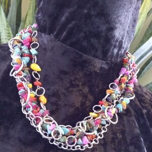 Multicolor Gems Necklace With Circle Link. 18 In Long